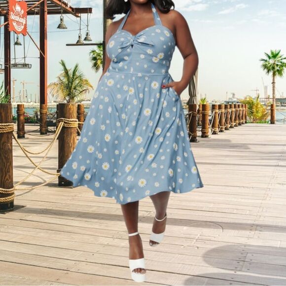 UNIQUE VINTAGE 50s Daisy Halter Swing Dress in Blue and White 1X - Picture 1 of 12